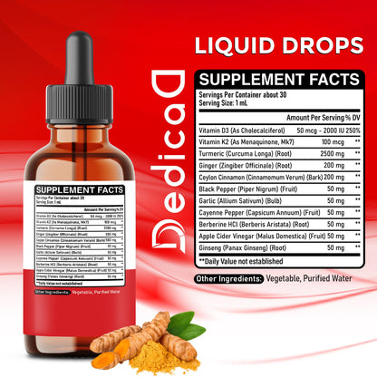 11in1 Turmeric Supplement for Health Heart & Wellness Support – with Ginger, Garlic, Ceylon Cinnamon, Berberine, Ginseng, Apple Cider Vinegar – 30ml Liquid Drops – 60 Servings DEDICAD buy supplements Au