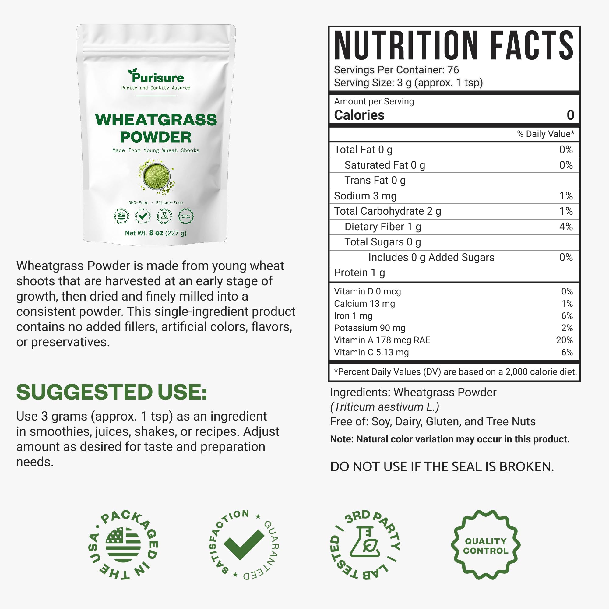 Purisure Wheatgrass Powder, 8oz, Wheat Grass Powder, Green Superfood for Salads, Smoothie and Shakes, Superfood Powder Rich in Immunity Vitamins, Fiber and Minerals, 76 Servings PurisureBuy Supplements Australia