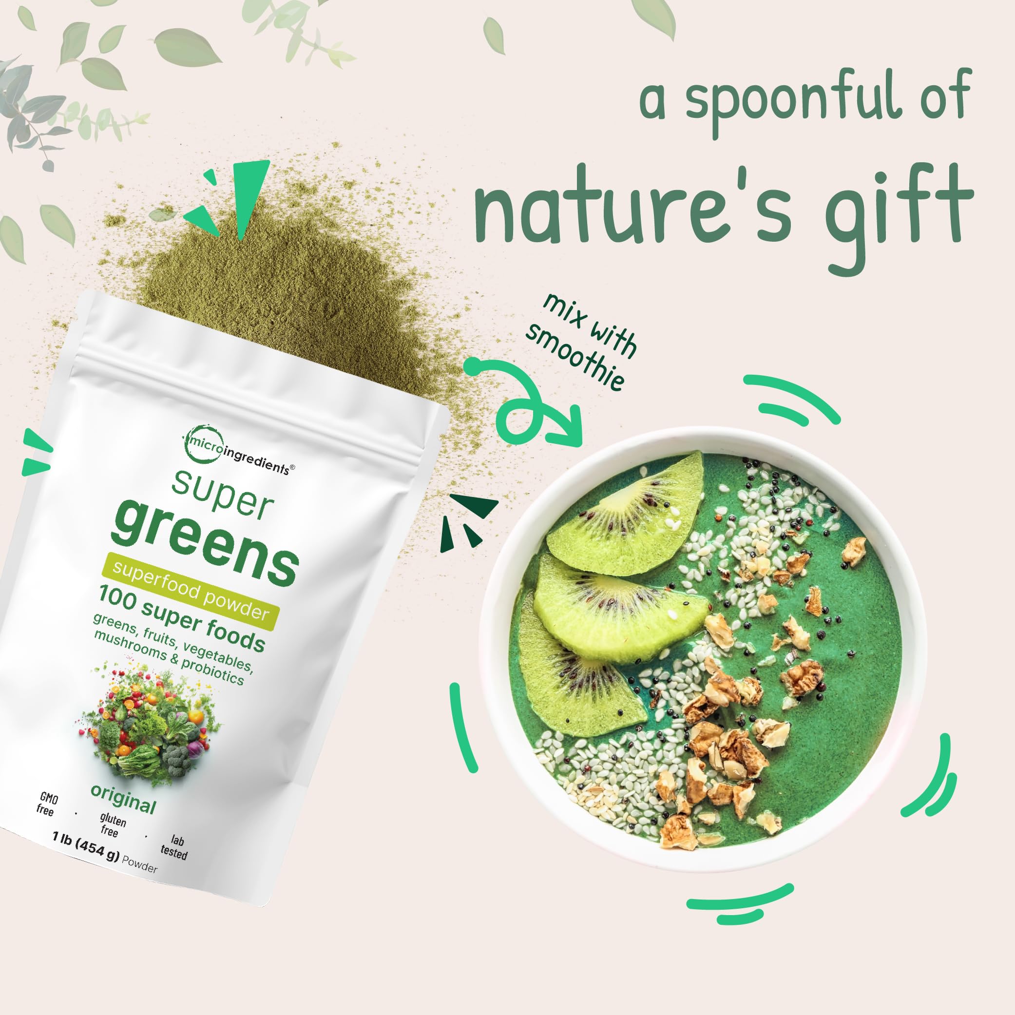 Micro Ingredients Super Greens Powder, 1lb | 100 Superfood Blend with Daily Greens, Probiotics, Fruits, Vegetables & Mushrooms | Source of Vegan Protein & Enzymes