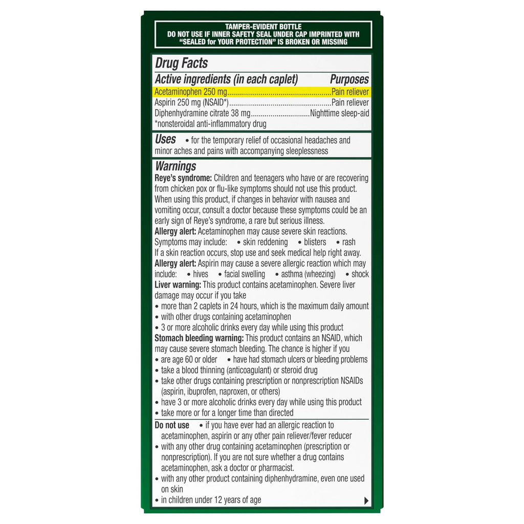 Excedrin PM for Headache Relief, Acetaminophen 250mg, Aspirin 250mg, Diphenhydramine Citrate 38mg, Pain Reliever, Nighttime Sleep-Aid, 100 Count ExcedrinBuy Supplements Australia