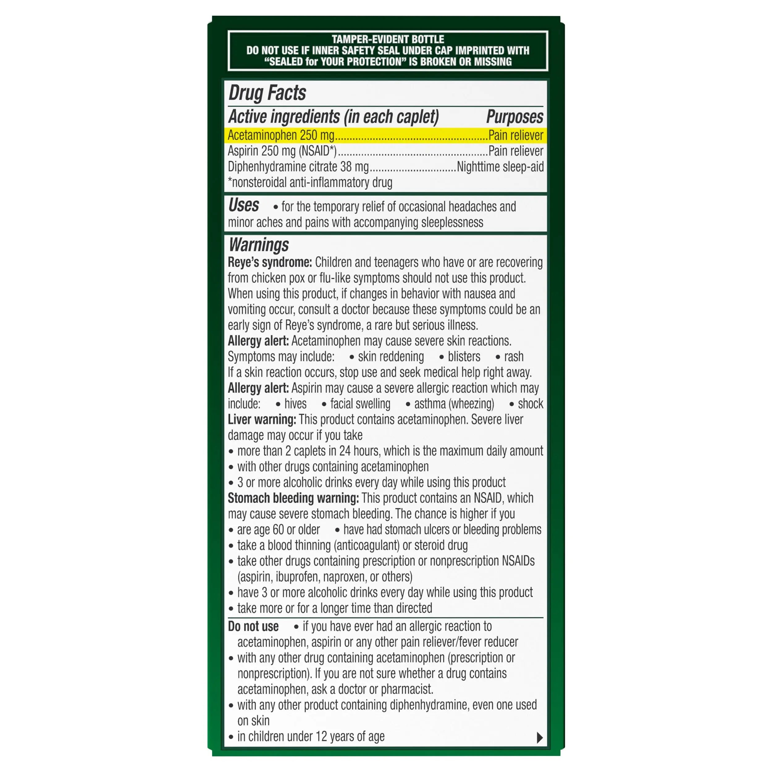 Excedrin PM for Headache Relief, Acetaminophen 250mg, Aspirin 250mg, Diphenhydramine Citrate 38mg, Pain Reliever, Nighttime Sleep-Aid, 100 Count ExcedrinBuy Supplements Australia