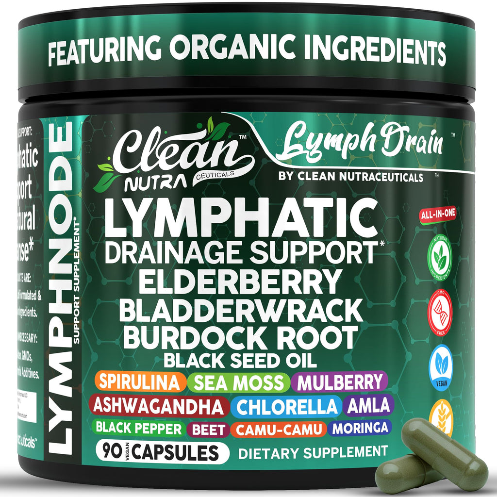 Organic Lymphatic Drainage Supplements | Elderberry Bladderwrack Burdock Root Black Seed Oil Spirulina Sea Moss Ashwagandha Chlorella Amla Beet Moringa Chlorophyll Lymph System Capsules By Clean Nutra Clean Nutraceuticals buy supplements Au