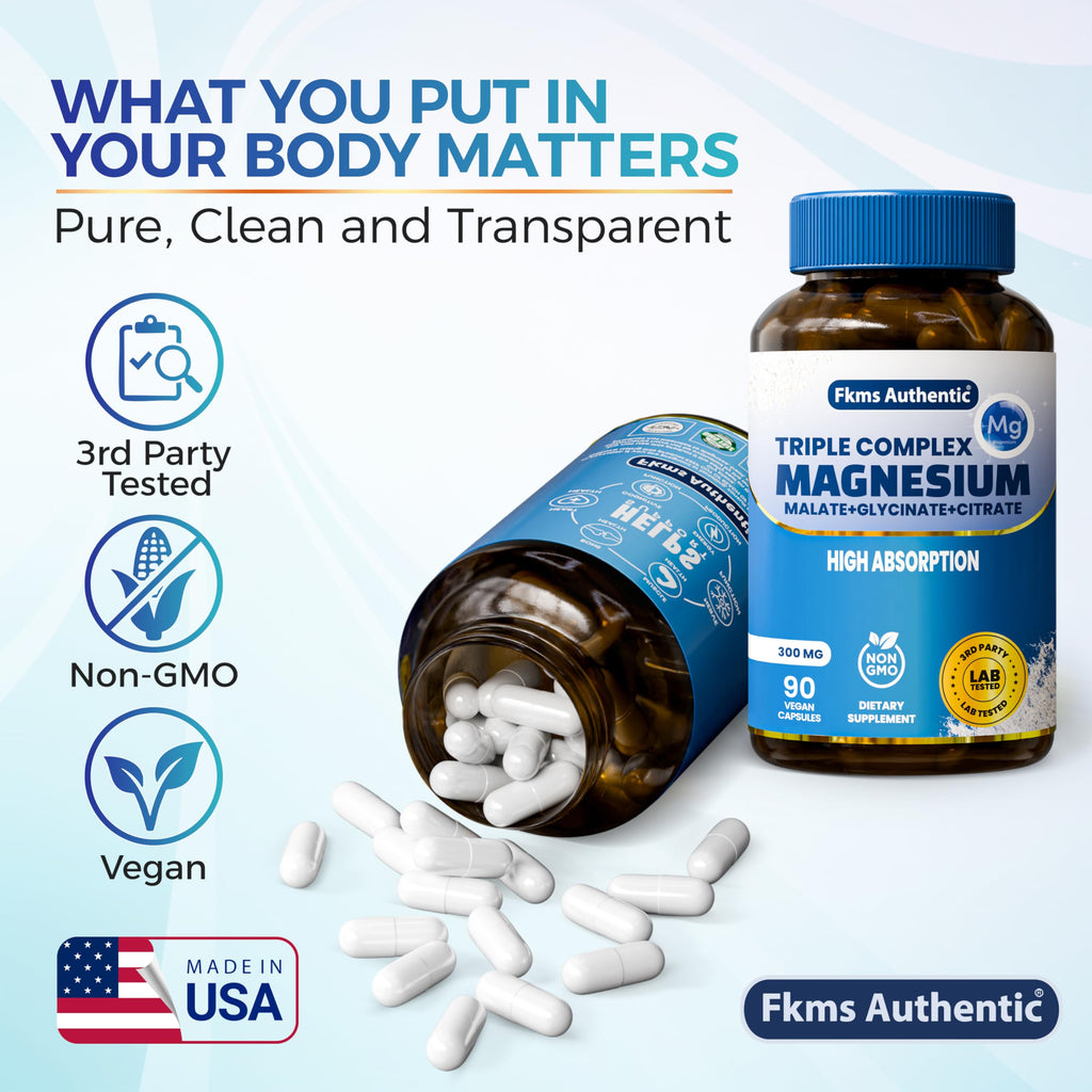 FKMS Authentic Triple Magnesium Complex | 300mg Magnesium Glycinate, Malate & Citrate for Sleep, Stress & Muscle Support | Non-GMO, Vegan, Gentle on Stomach | High Absorption | 90 Capsules FKMS AUTHENTIC buy supplements Au