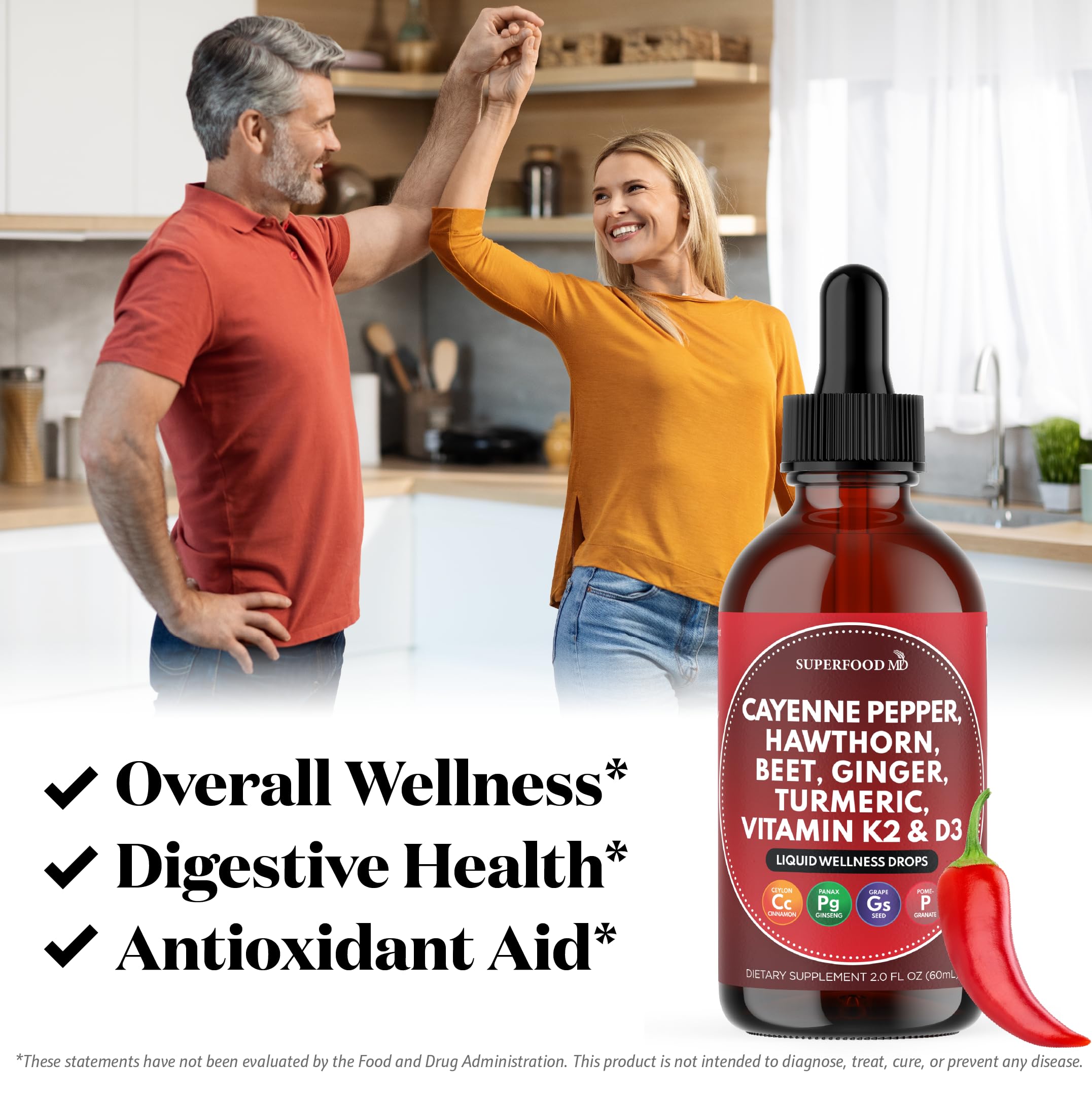 Cayenne Pepper Supplement Liquid Drops + Hawthorn Berry, Vitamin D3 K2 Beet Root Powder, Ceylon Cinnamon, Turmeric Curcumin, Organic Panax Ginseng - 4 OZ Superfood MD buy supplements Au
