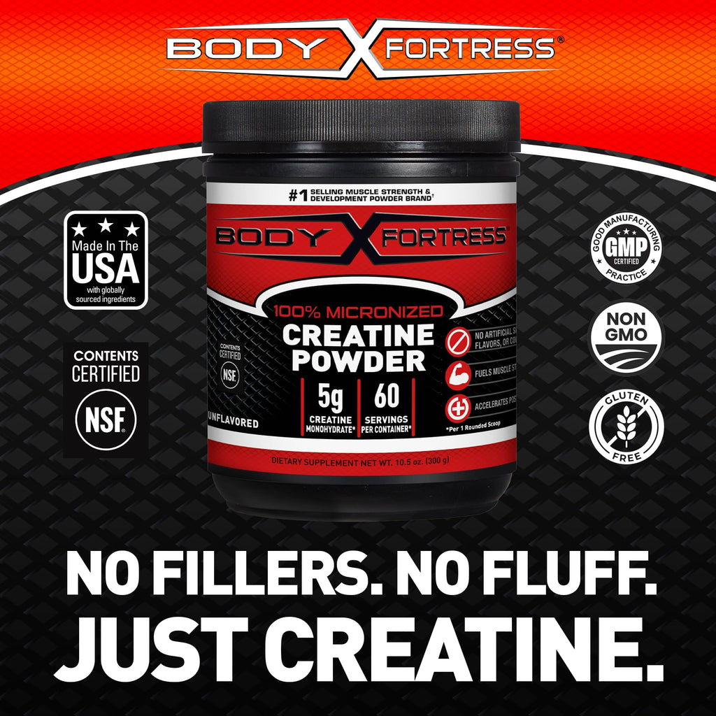Body Fortress 100% Creatine Monohydrate Powder - Unflavored Micronized Creatine Supplement for Muscle Growth, Strength & Recovery, Pre Workout & Post Workout