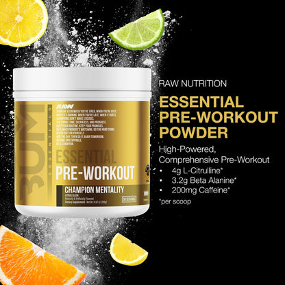 RAW Essential Pre-Workout Powder (Champion Mentality) - Chris Bumstead Sports Nutrition Supplement for Men & Women - Preworkout Energy Powder with Caffein