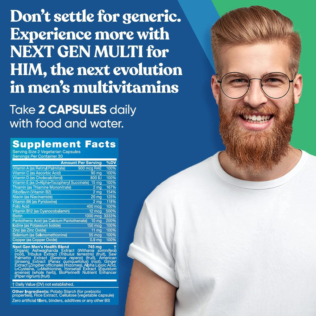 Next Gen Multi for Him Advanced Men’s Multivitamin Supplement – 26-in-1 Multiblend for Beard & Hair Growth, Men’s Reproductive Health Eu Natural