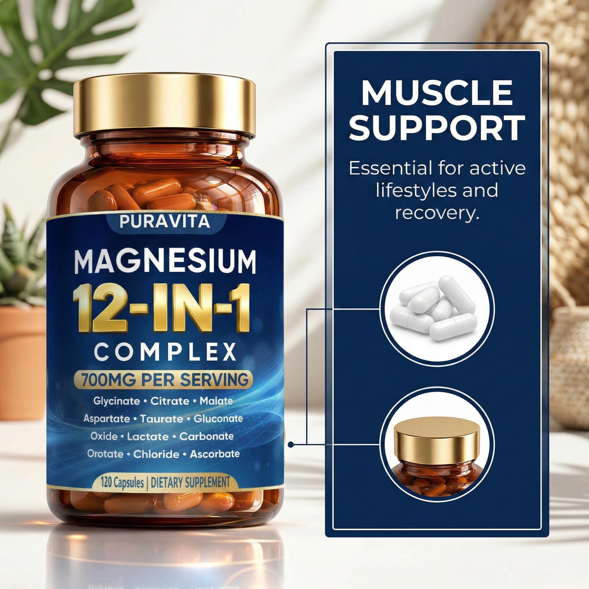Puravita 12 in 1 Magnesium Complex Capsules - 700mg High Absorption Blend with Glycinate, Citrate, Malate, Oxide & Taurate. Supports Muscle Function, Nerve Health & Relaxation - 120 Capsules (1) PURAVITA buy supplements Au