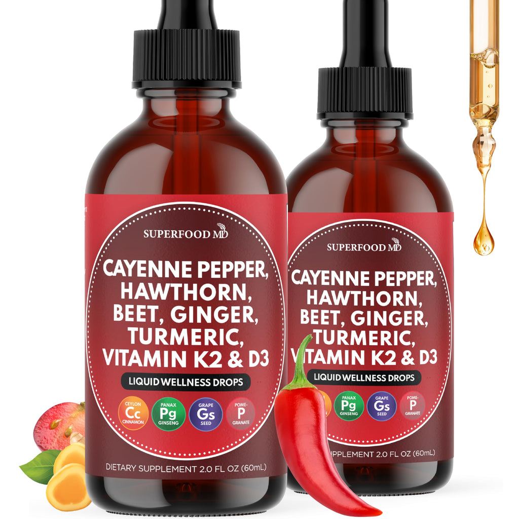 Two bottles of Superfood MD liquid wellness drops with ingredients listed on a white background.
