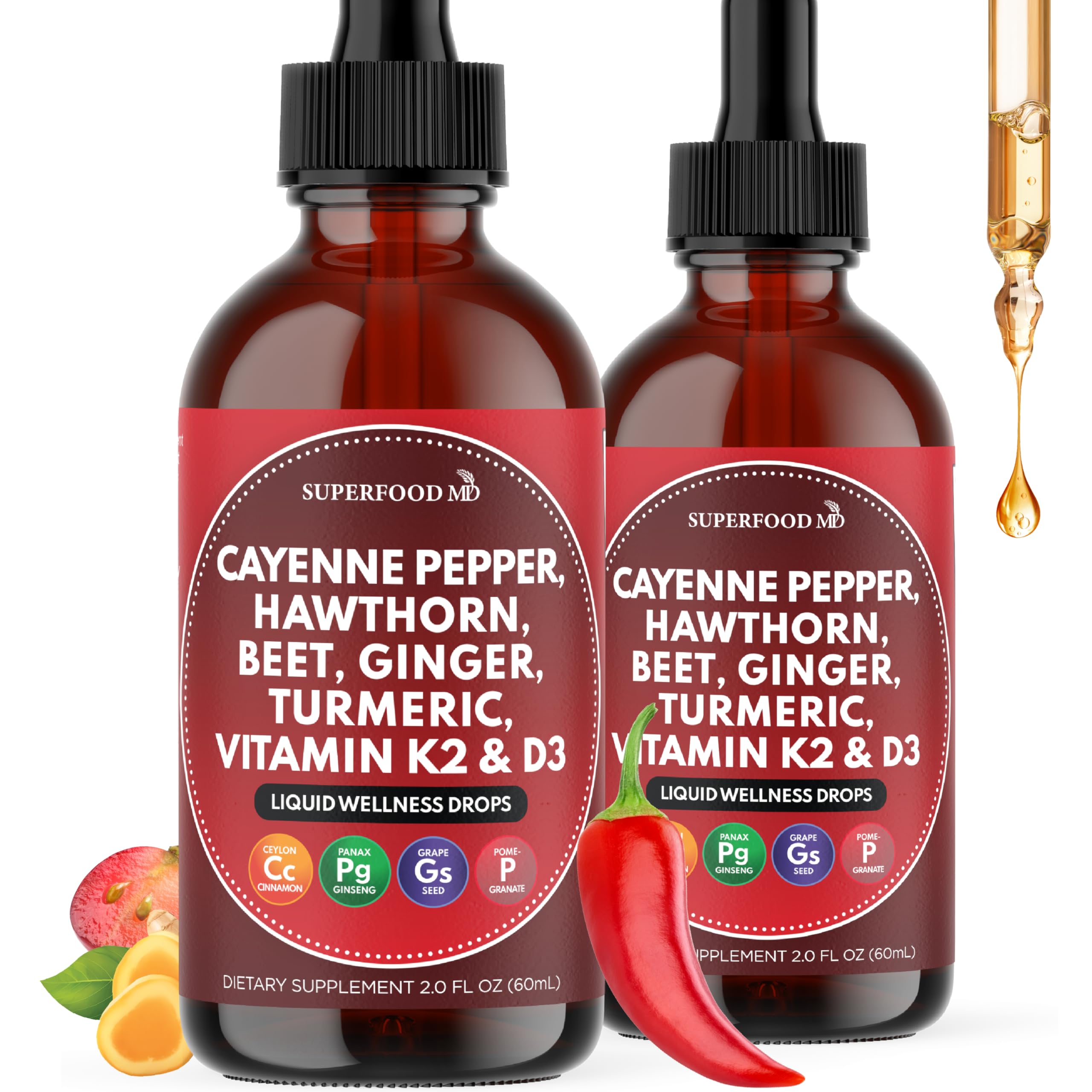 Two bottles of Superfood MD liquid wellness drops with ingredients listed on a white background.