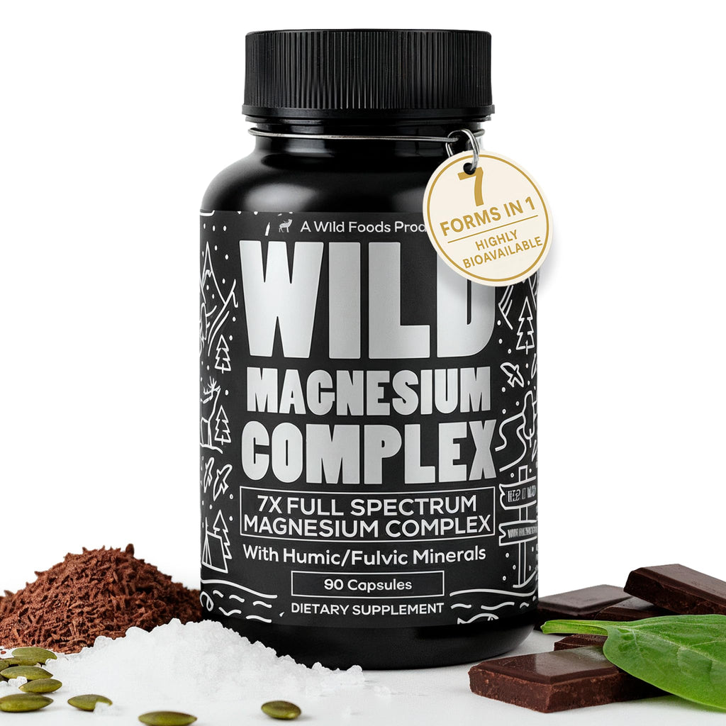 Supplement bottle labeled 'Wild Magnesium Complex' with ingredients on a white background