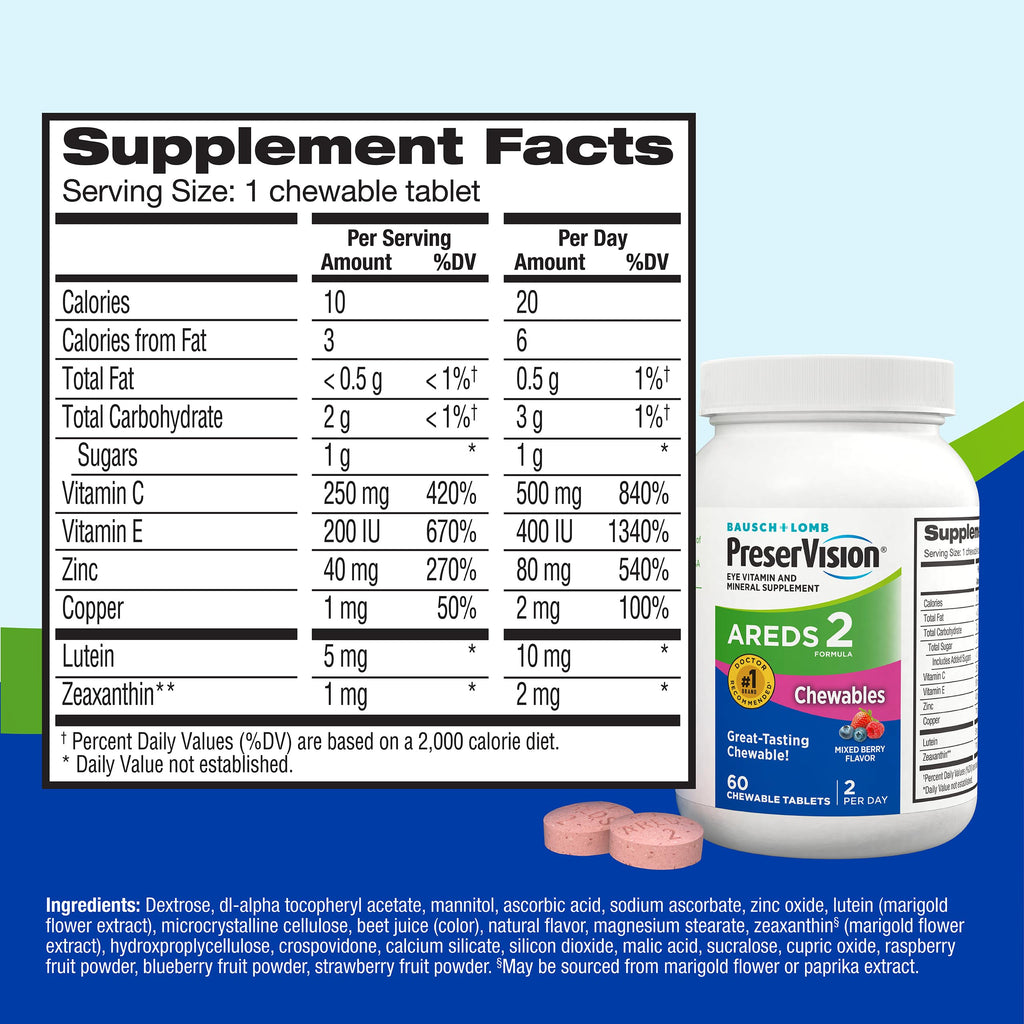 PreserVision AREDS 2 Eye Vitamins, #1 Eye Doctor Recommended Brand, Chewable Lutein and Zeaxanthin Supplement with Vitamin C, Vitamin E,Zinc, and Copper, Mixed Berry, 60 Tablets PreserVisionBuy Supplements Australia
