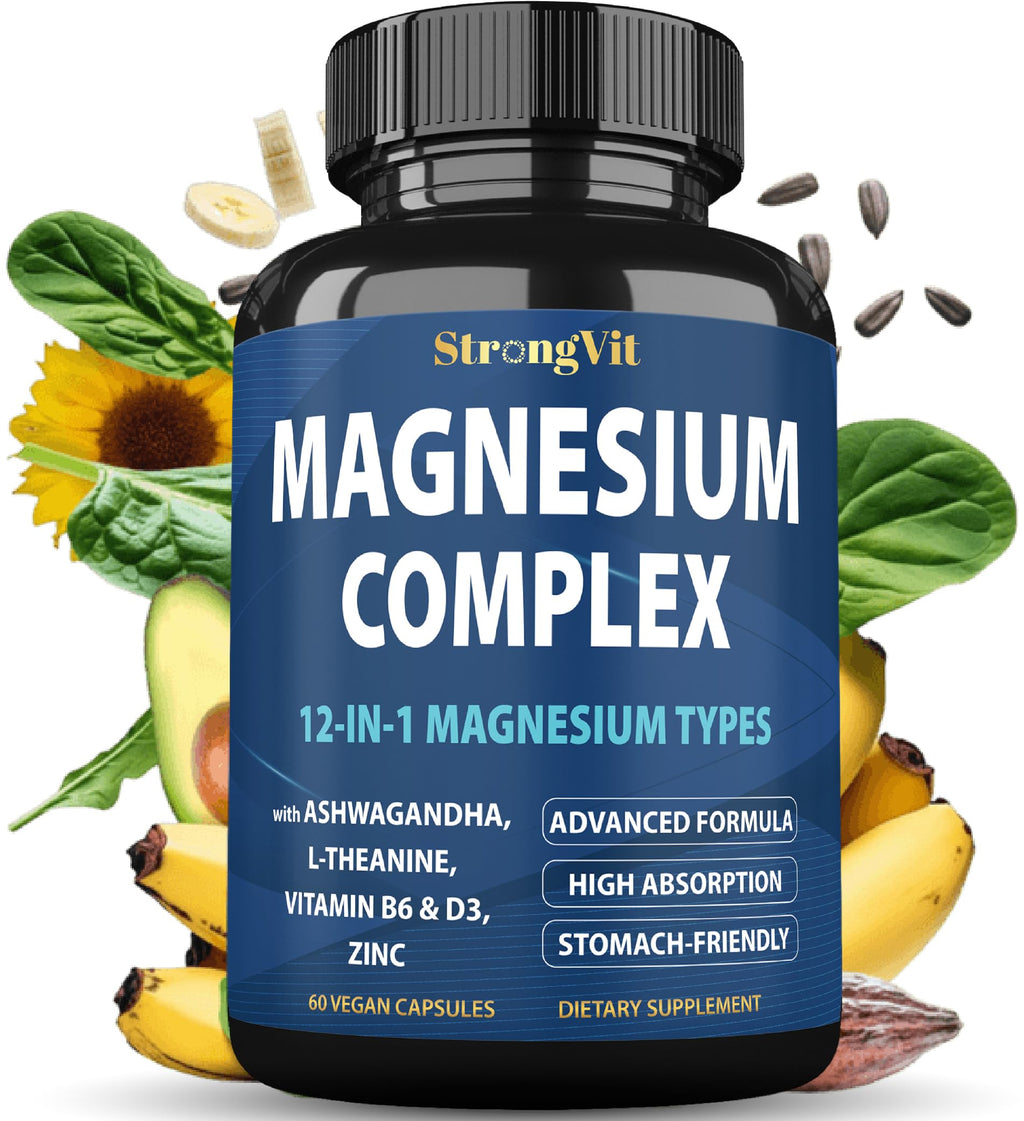 Bottle of StrongVit Magnesium Complex supplement with health benefits listed, surrounded by health foods.
