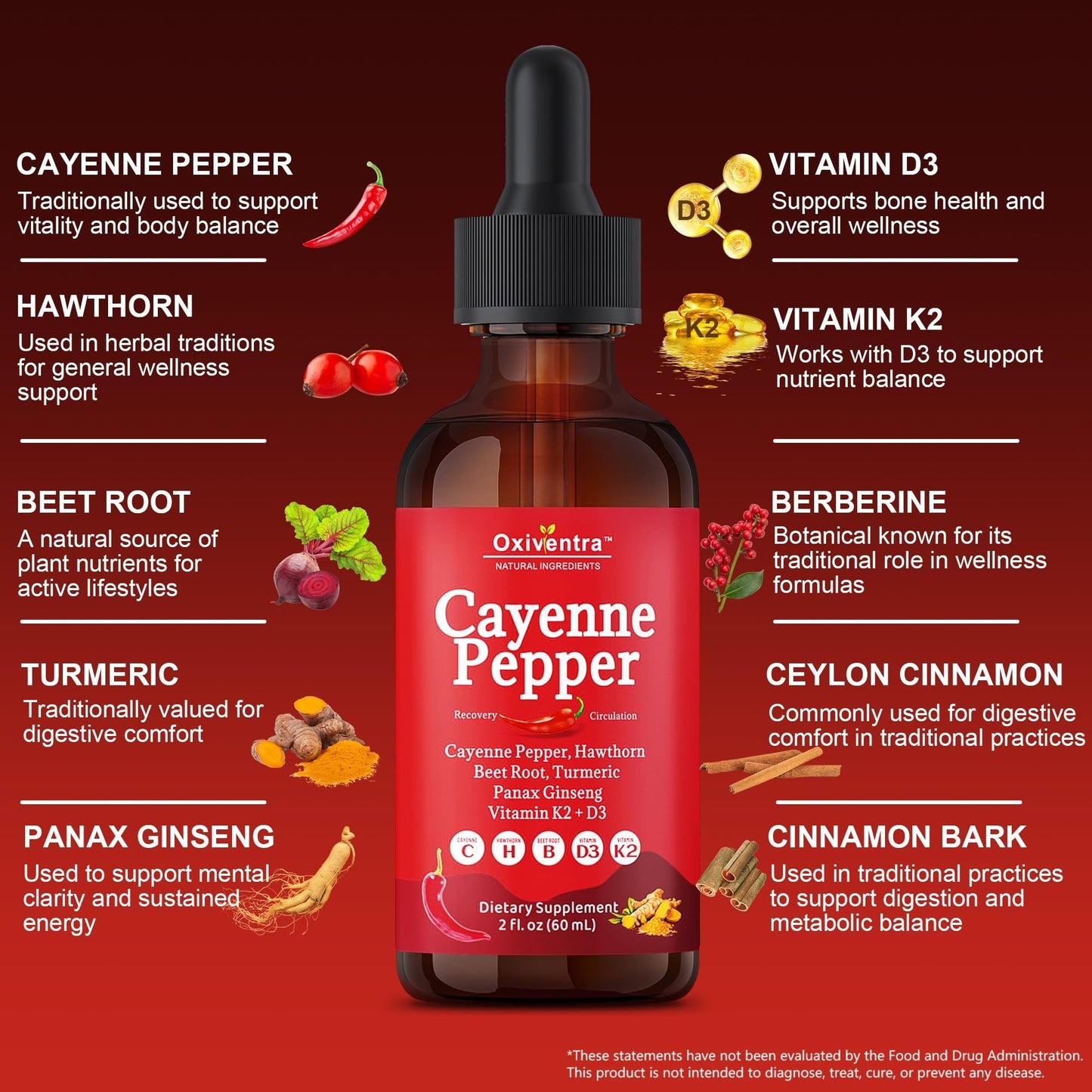 Cayenne Pepper Drops Liquid Supplement Smooth & Sweet Herbal Liquid + Hawthorn Berry, Vitamin D3 K2 Beet Root Powder, Ceylon Cinnamon, Turmeric Curcumin, Organic Panax Ginseng - 2fl oz Oxiventra buy supplements Au