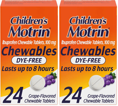 Motrin Children's Dye-Free Chewable Tablets with Ibuprofen, Kids' Fever Reducer & Pain Reliever for Sore Throat, Fever, Toothache & Pain Relief, Grape Flavor, 24 Count (Pack of 2) MotrinBuy Supplements Australia