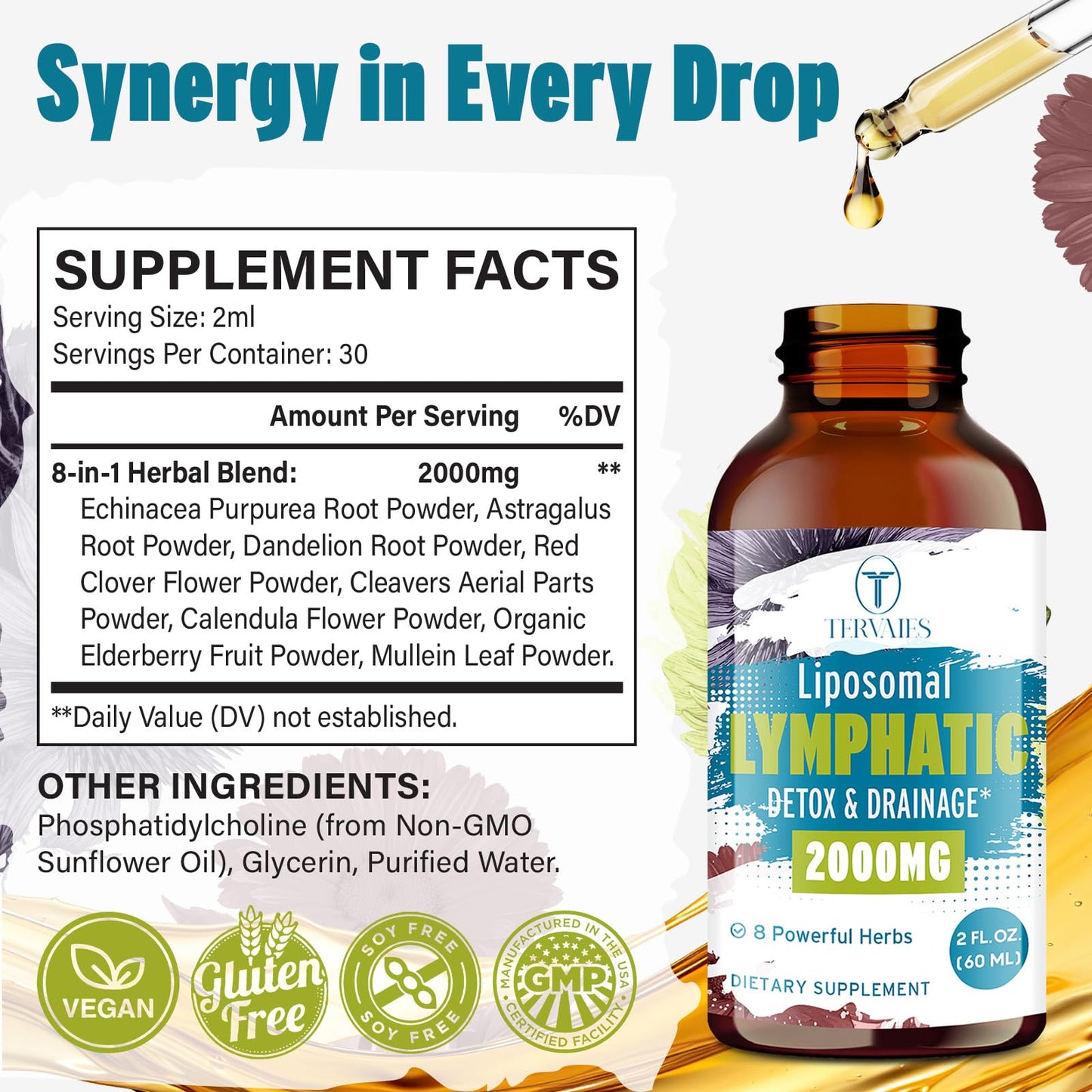 Tervaies Liposomal Lymphatic Drainage Drops 2000mg – Herbal Blend with Elderberry & Echinacea – 2 FL OZ Tervaies buy supplements Au