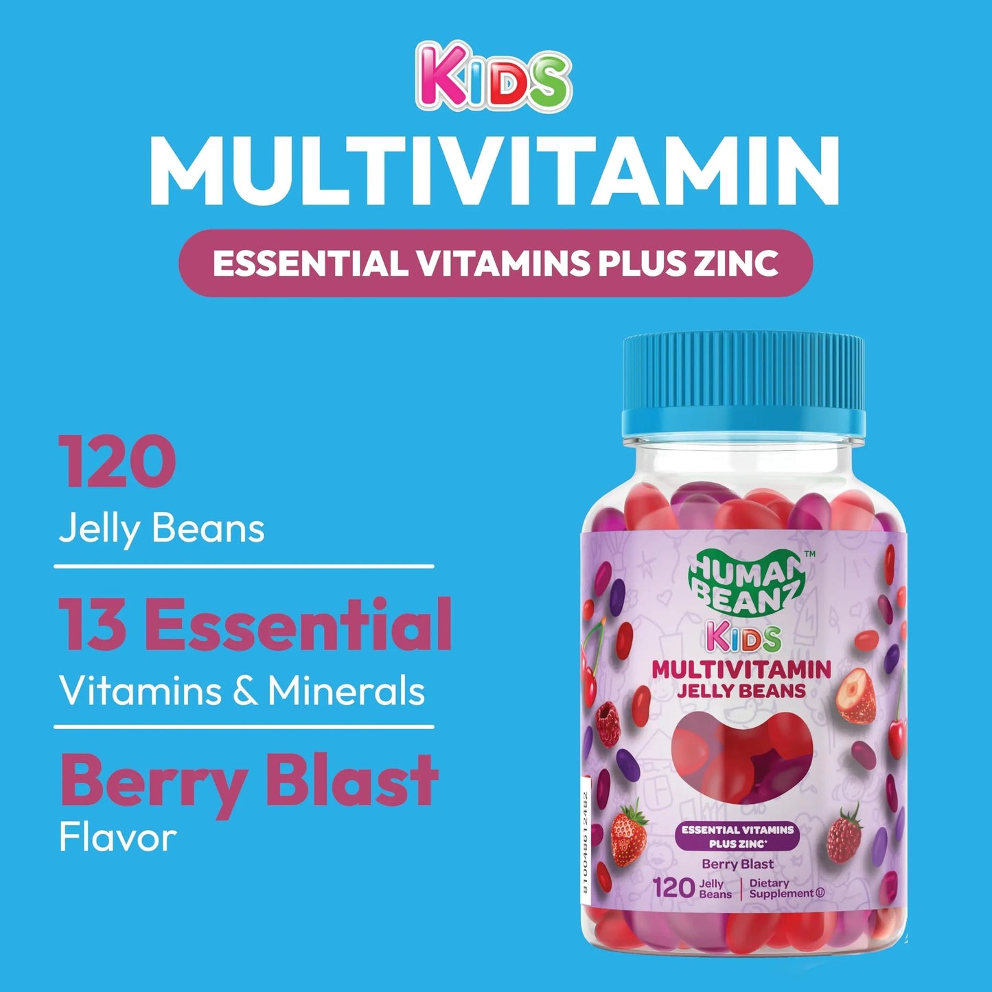 Human Beanz Multivitamin Jelly Bean Gummies with Zinc for Kids, Immune Support Dietary Supplements, Vegetarian, 120 Berry Blast Jelly Beans, Kosher Human Beanz