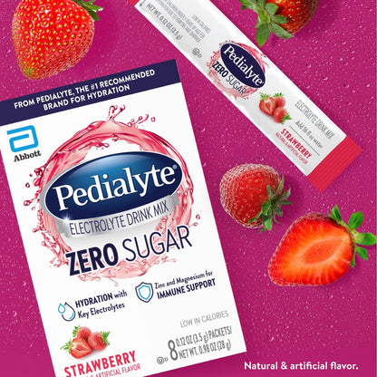 Pedialyte Electrolyte Drink Mix With Zero Sugar | Hydration With Key Electrolytes | Great Hydration Low in Calories | Strawberry, 24 Powder Packets