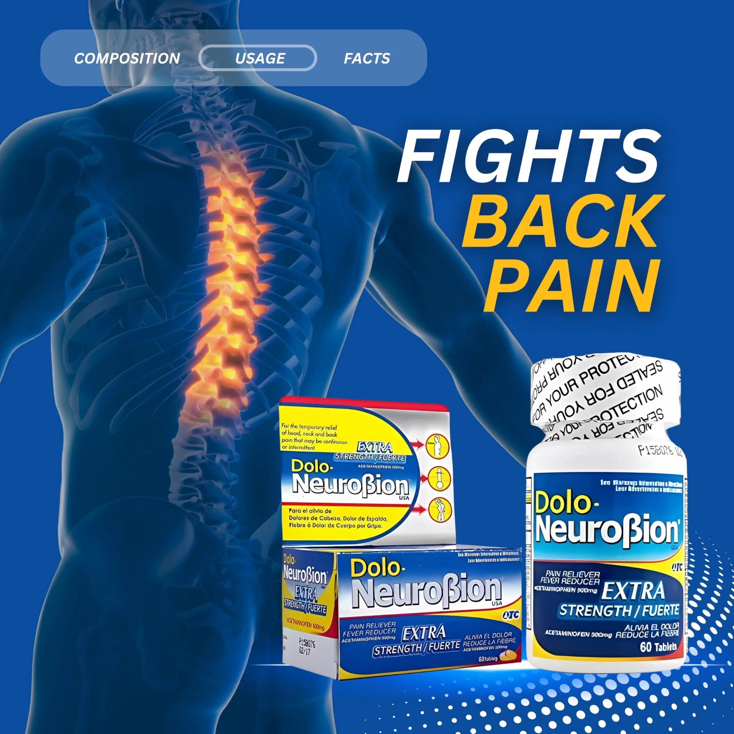 Dolo Neurobion Pain Reliever, Fever Reducer, Extra Strength. Alivia el Dolor,Reduce la Fiebre, Extra Fuerte. 60 Tablets. Acetaminophen 500 mg NeurobionBuy Supplements Australia