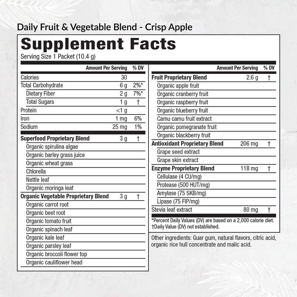 Equilife Daily Fruit & Vegetable Blend, Superfood Antioxidant Supplement, Crisp Apple Flavor with Vitamin C, Fiber, and 9 Essential Amino Acids, Supports Energy, Vegan, 14 Single Serve Packets EquilifeBuy Supplements Australia