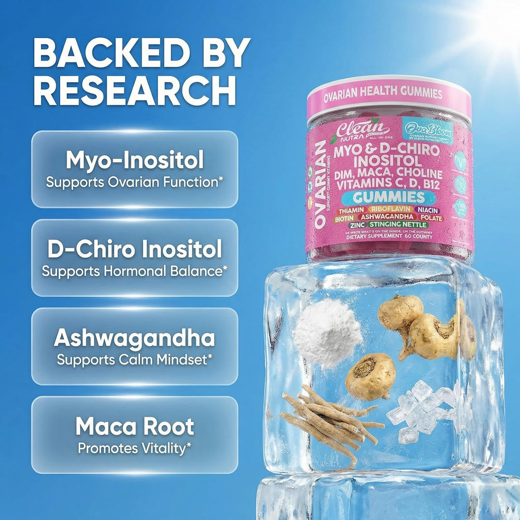 OVA Bloom Ovarian Support Gummies Myo Inositol D-Chiro Inositol Choline Flax Biotin Riboflavin Thiamin Niacin Ashwagandha DIM Maca Root Vitamin C D3 B12 Zinc 60 Count By Clean Nutra Clean NutraceuticalsBuy Supplements Australia