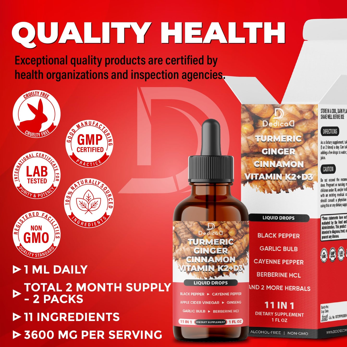 11in1 Turmeric Supplement for Health Heart & Wellness Support – with Ginger, Garlic, Ceylon Cinnamon, Berberine, Ginseng, Apple Cider Vinegar – 30ml Liquid Drops – 60 Servings DEDICAD buy supplements Au
