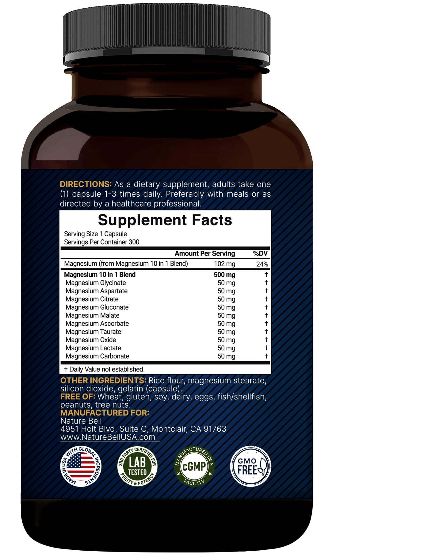 Magnesium Complex 500mg, 300 Capsules | 10-in-1 Magnesium Glycinate, Citrate, Malate & More | Chelated Form for Easy Absorption | Non-GMO NatureBell buy supplements Au