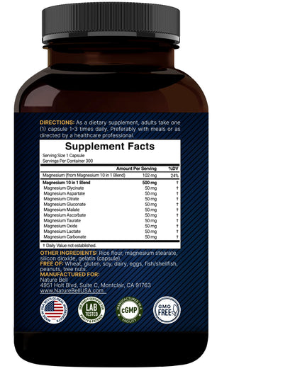 Magnesium Complex 500mg, 300 Capsules | 10-in-1 Magnesium Glycinate, Citrate, Malate & More | Chelated Form for Easy Absorption | Non-GMO NatureBell buy supplements Au