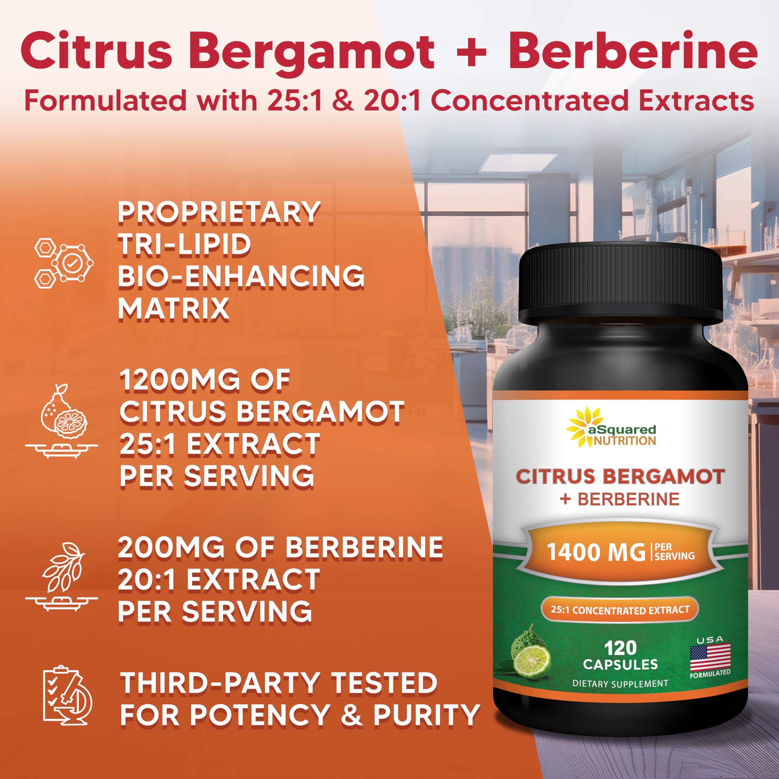 aSquared Nutrition Citrus Bergamot with Berberine Supplement - 1400mg Per Serving Max Strength Complex - 120 Capsules - Supports Cardiovascular Health