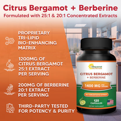aSquared Nutrition Citrus Bergamot with Berberine Supplement - 1400mg Per Serving Max Strength Complex - 120 Capsules - Supports Cardiovascular Health