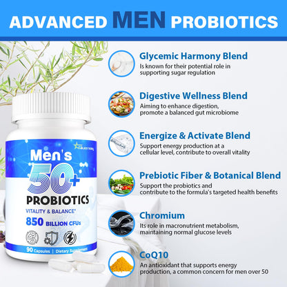 Probiotics for Men, Advanced 50+ Mens Probiotic, Comprehensive Gut & Energy Support with 850 Billion CFU, 1800mg Prebiotics Fiber – Tailored Wellness mens probiotics