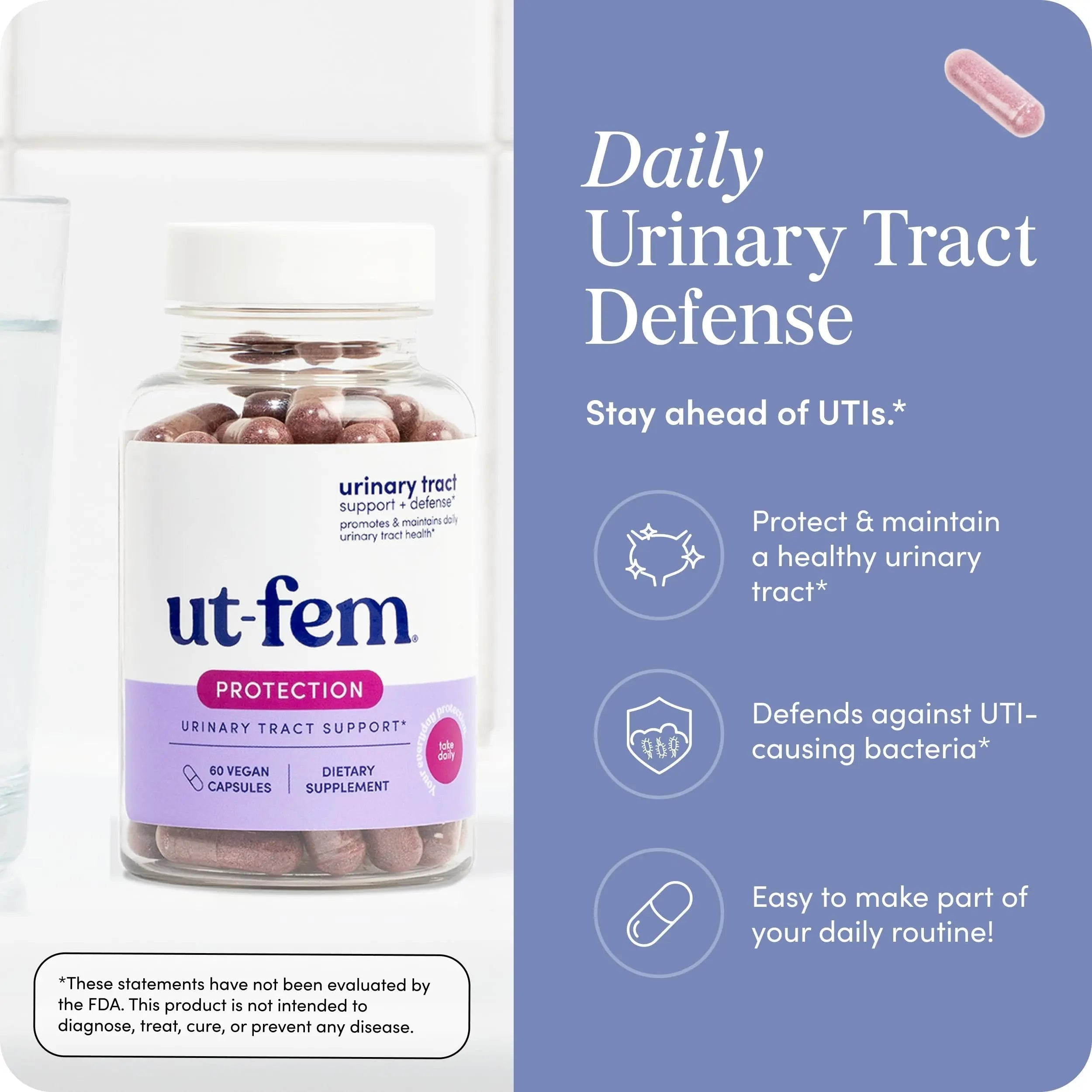 UT-Fem Protection - Urinary Tract Defense for Women, 3-in-1 Daily Defense Formula to Protect Urinary Tract Health, D-Mannose, Cranberry + Hibiscus, Natural Supplement - 60 Vegan Capsules UT-FemBuy Supplements Australia