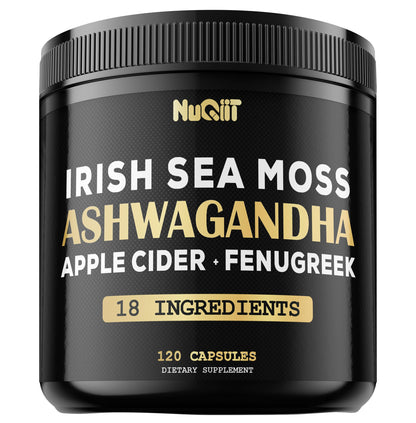Supplement container labeled 'Irish Sea Moss Ashwagandha' with Nuqit branding on a white background.