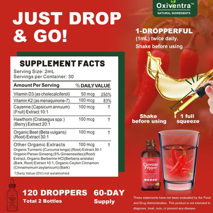 Cayenne Pepper Drops Liquid Supplement Smooth & Sweet Herbal Liquid + Hawthorn Berry, Vitamin D3 K2 Beet Root Powder, Ceylon Cinnamon, Turmeric Curcumin, Organic Panax Ginseng - 2fl oz Oxiventra buy supplements Au