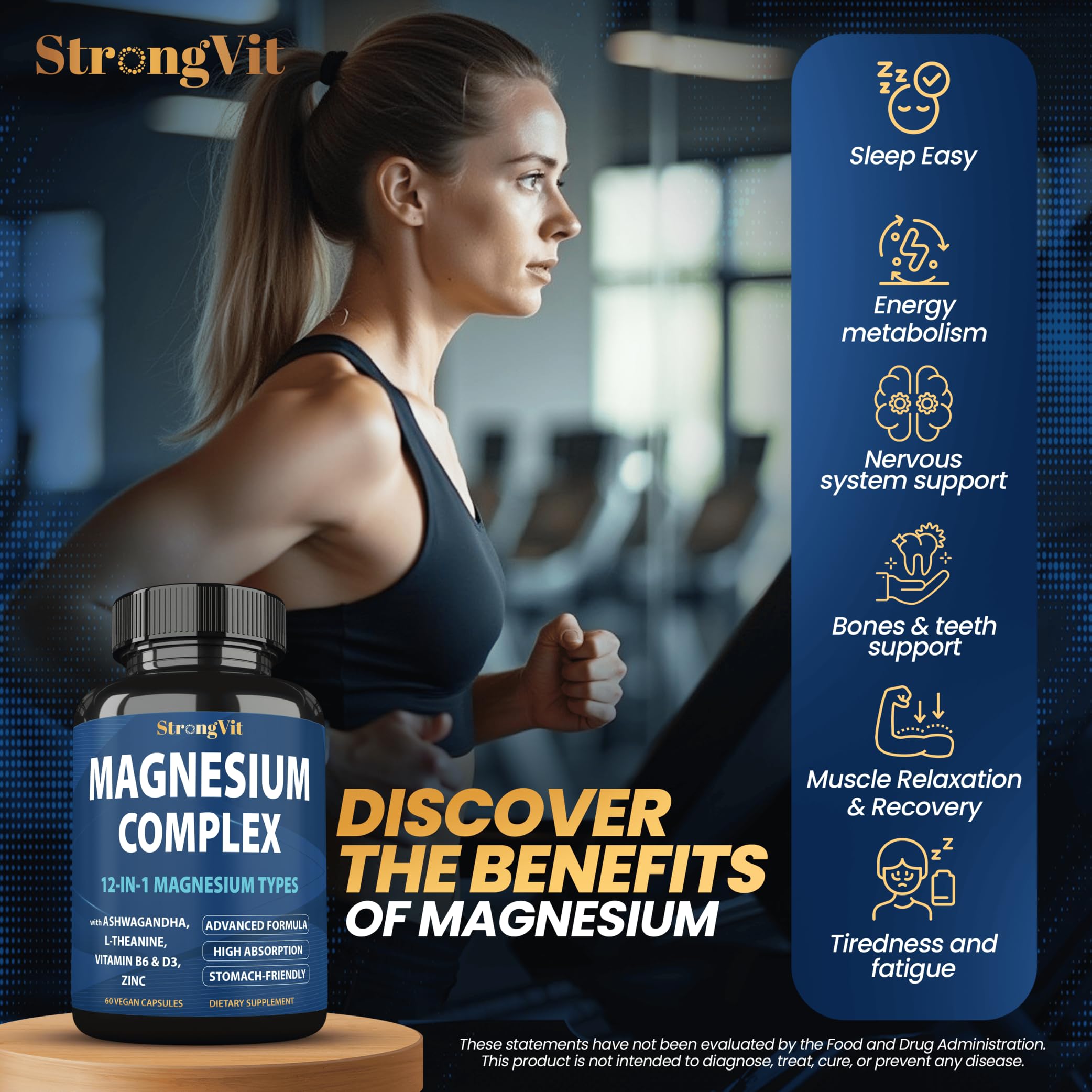 1000mg Magnesium Complex for Women and Men, 12 in 1 Magnesium Supplement with Ashwagandha, Zinc, D3, L-theanine. Easy to Swallow, High Absorption, Sleep Support & Stress Relief (60 Capsules) StrongVit buy supplements Au
