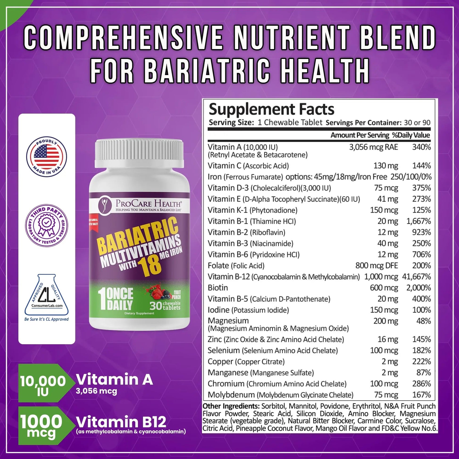 ProCare Health Bariatric Chewable Multivitamin with Iron 18mg (30 Tablets) - Fruit Punch Flavor Bariatric Multivitamin Chewable ProCare Health
