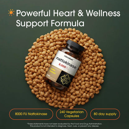 NatureBell Nattokinase - 240 Capsules - 8,000 FU Max Strength from Fermented Natto Extract - for Heart Health