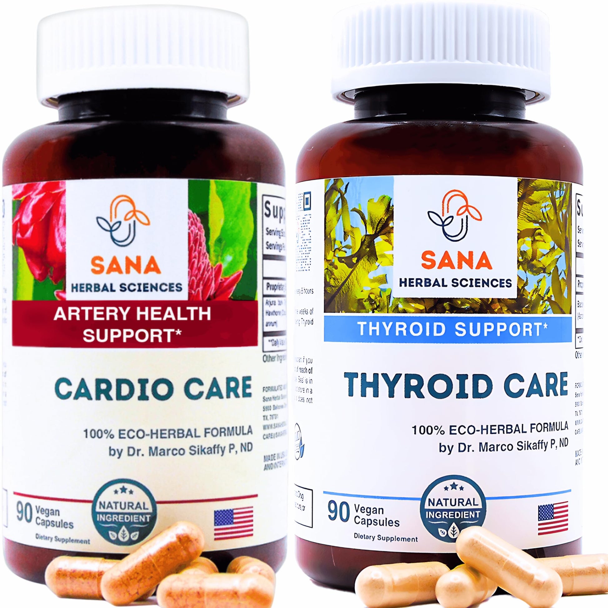 Two bottles of Sana Herbal Sciences supplements with capsules on a white background