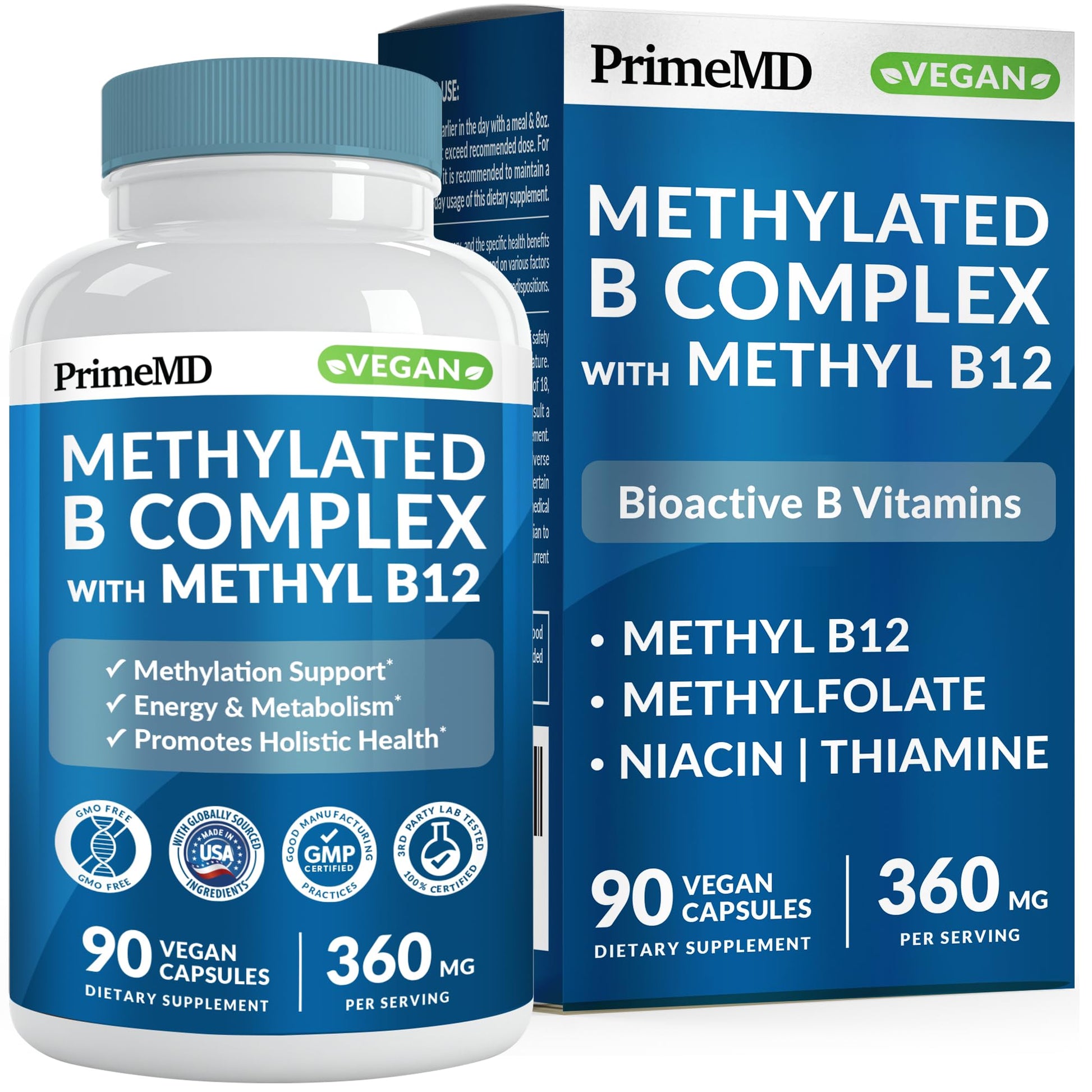 Methylated B Complex with Methylfolate and B12 Methylcobalamin 1000 mcg - Methylated Multivitamin for Energy, Brain Function, and Wellness - Vitamin B Complex for Men & Women (90 Servings) (Pack of 1) PrimeMDBuy Supplements Australia