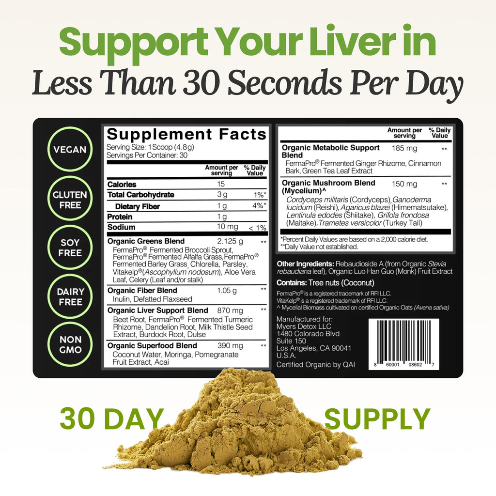 Myers Detox Daily Detox Greens Powder, Organic Superfood Supplement for Detox, Gut Health, Energy, Immune Support, Overall Wellness, Gluten Free Multivitamin Drink Mix,