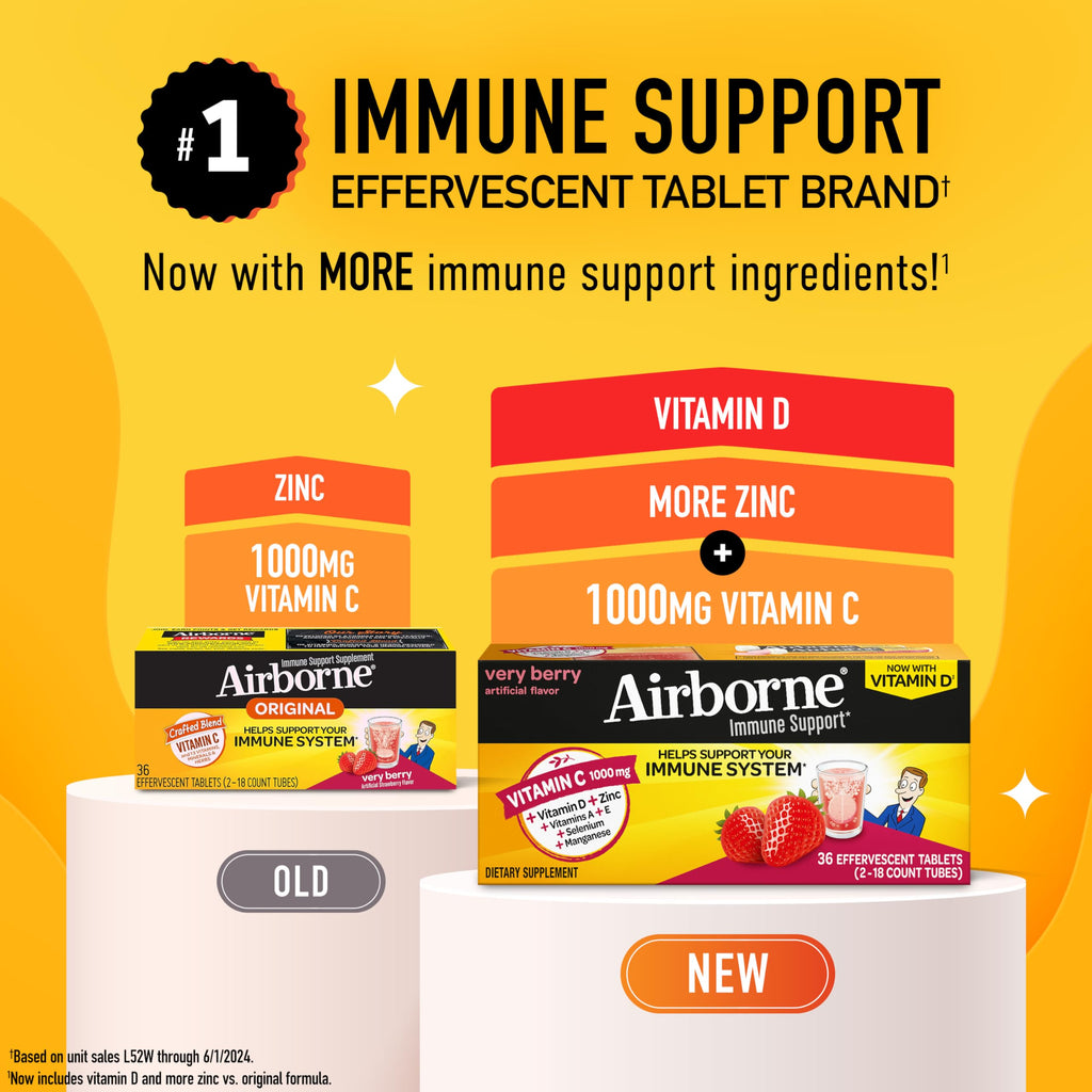 Vitamin C 1000mg (per serving) - Airborne Very Berry Effervescent Tablets (36 count in a box), Gluten-Free Immune Support Supplement, With Vitamins A C E, ZINC, Selenium, Echinacea & Ginger AirborneBuy Supplements Australia