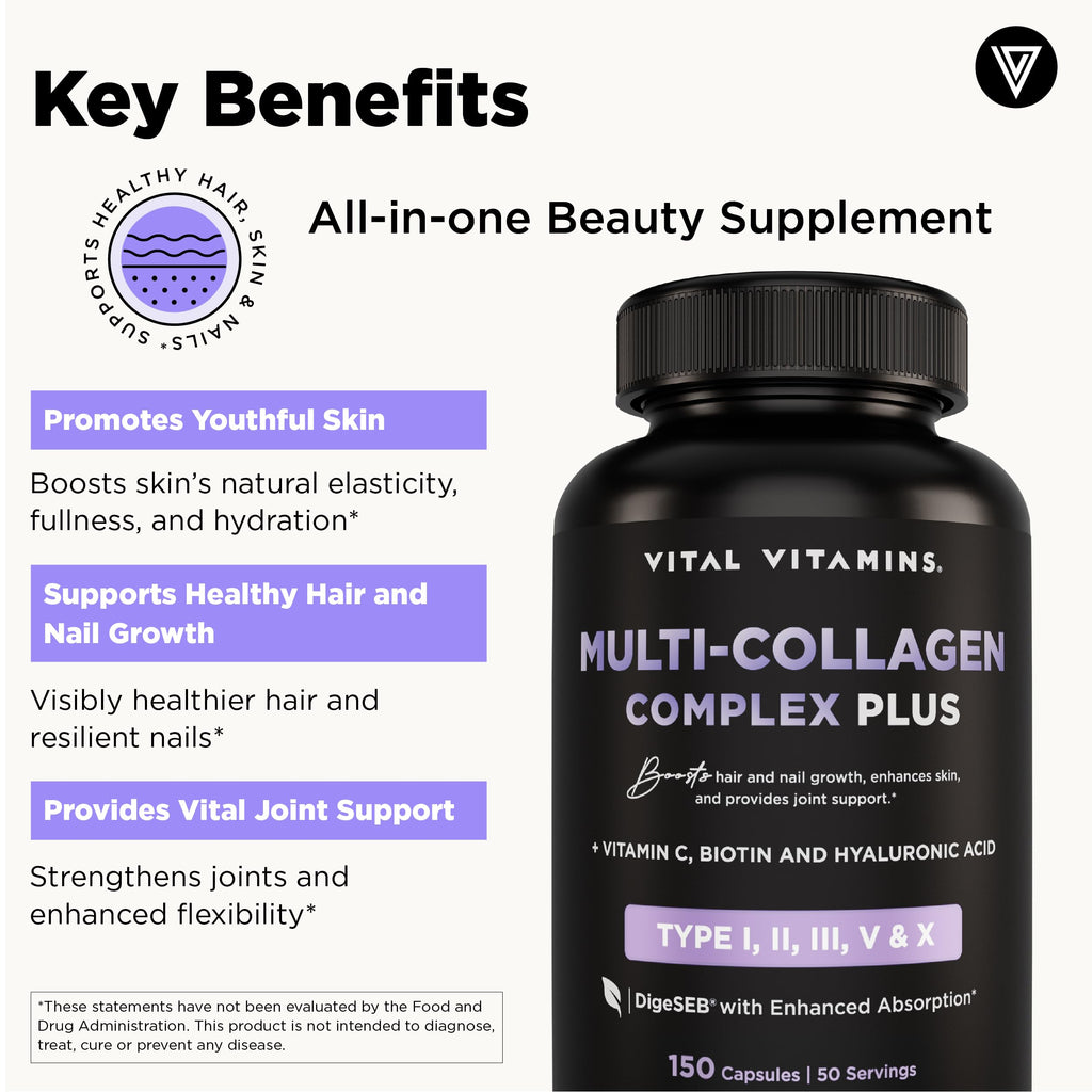 Vital Vitamins Multi Collagen Complex Plus - with Biotin, Hyaluronic Acid, Vitamin C - Type I, II, III, V, X - for Women & Men - Hair, Skin, Nails Beauty Complex - 150 Capsules Vital Vitamins buy supplements Au