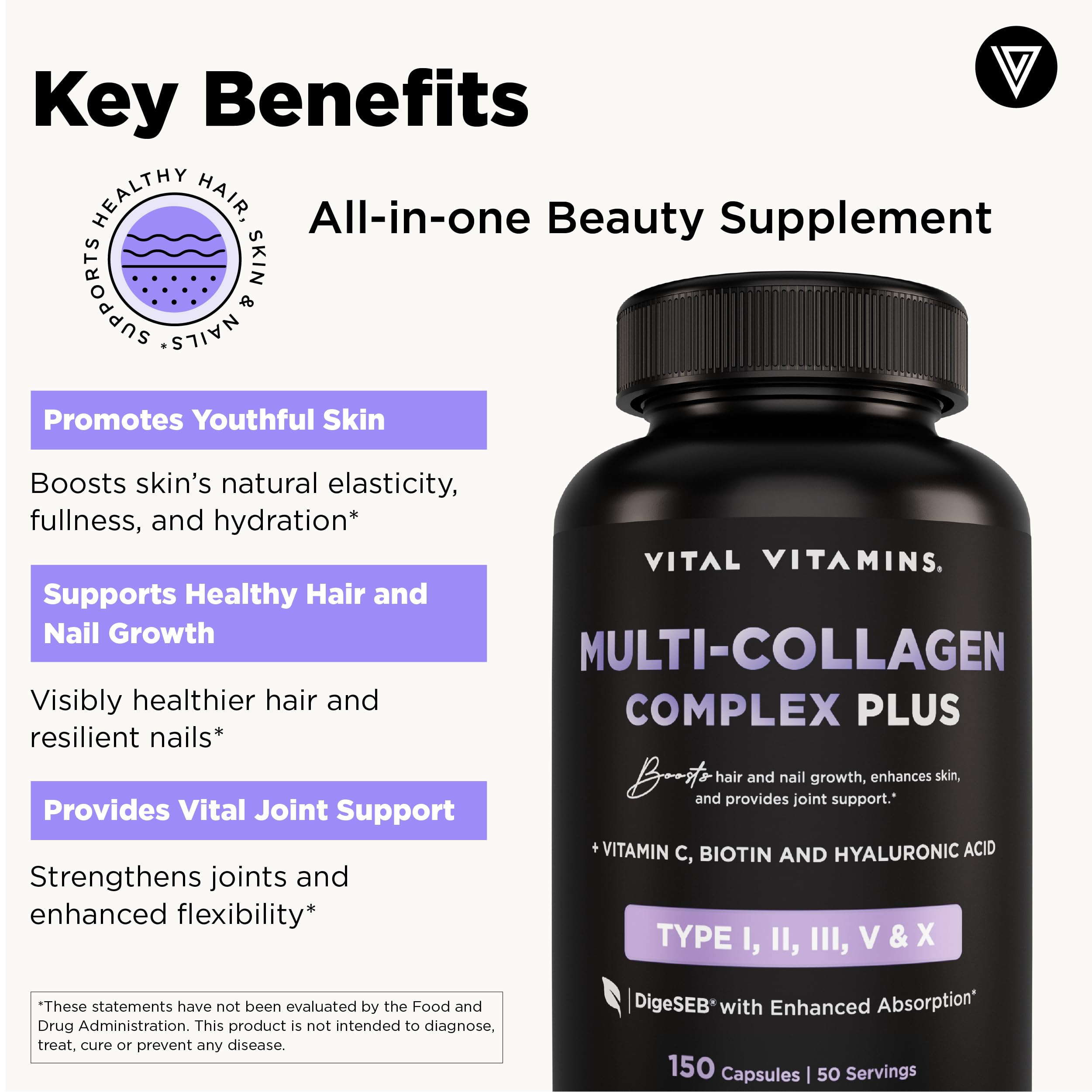 Vital Vitamins Multi Collagen Complex Plus - with Biotin, Hyaluronic Acid, Vitamin C - Type I, II, III, V, X - for Women & Men - Hair, Skin, Nails Beauty Complex - 150 Capsules Vital Vitamins buy supplements Au