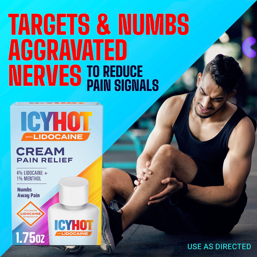 Icy Hot Lidocaine Pain Relief Cream, Numb Aggravated Nerves with Max Strength Lidocaine 4% and Menthol 1%, Fast-Acting Pain Relief for Minor Pain, Backaches, Sprains and Strains, 1.75 oz Icy HotBuy Supplements Australia