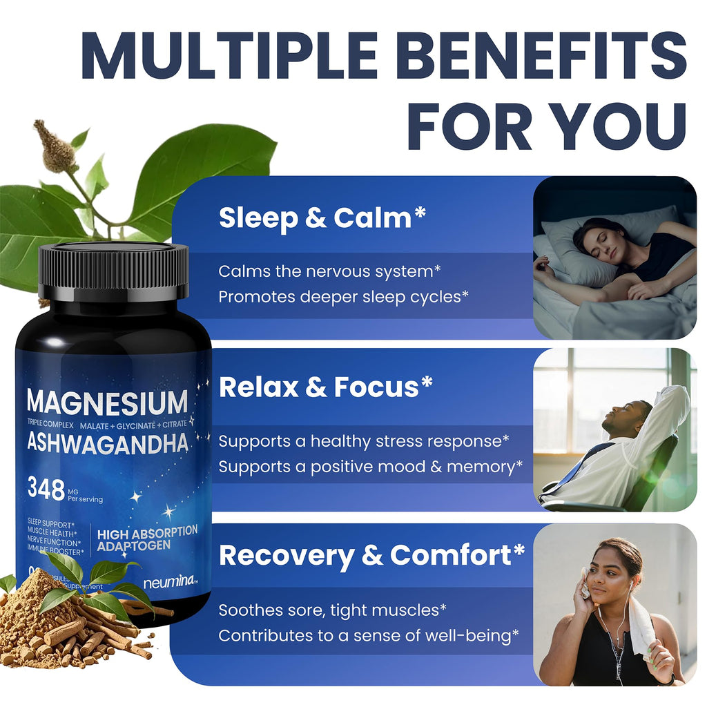 Magnesium Ashwagandha Complex | High-Absorption Multi Magnesium Supports Stress Relief, Sleep, Muscle & Heart Health | Vegan, Non-GMO, Gluten-Free, Made in USA, 90 Capsules((45-Day Supply) NEUMINA buy supplements Au