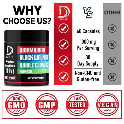 DEDICAD Wormwood Capsules Supplement - Extracted from Black Walnut, Cloves, Turmeric, Apple, Berberine HCl & More - 11 Ingredients Combined for Immune System, Body Management - 60 Capsules DEDICAD buy supplements Au