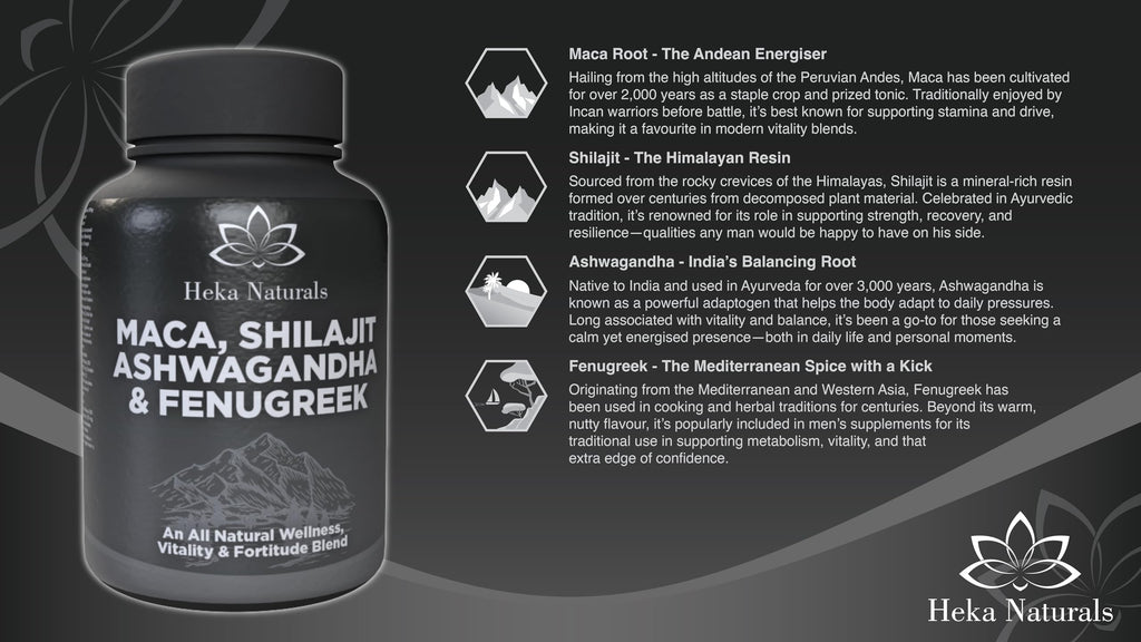 Heka Naturals Male Botanical Complex | 90 Capsules with Ashwagandha, Maca Root, Fenugreek & Shilajit | Traditional Plant-Based Ingredients for Active Lifestyles | Food Supplement Heka Naturals buy supplements Au