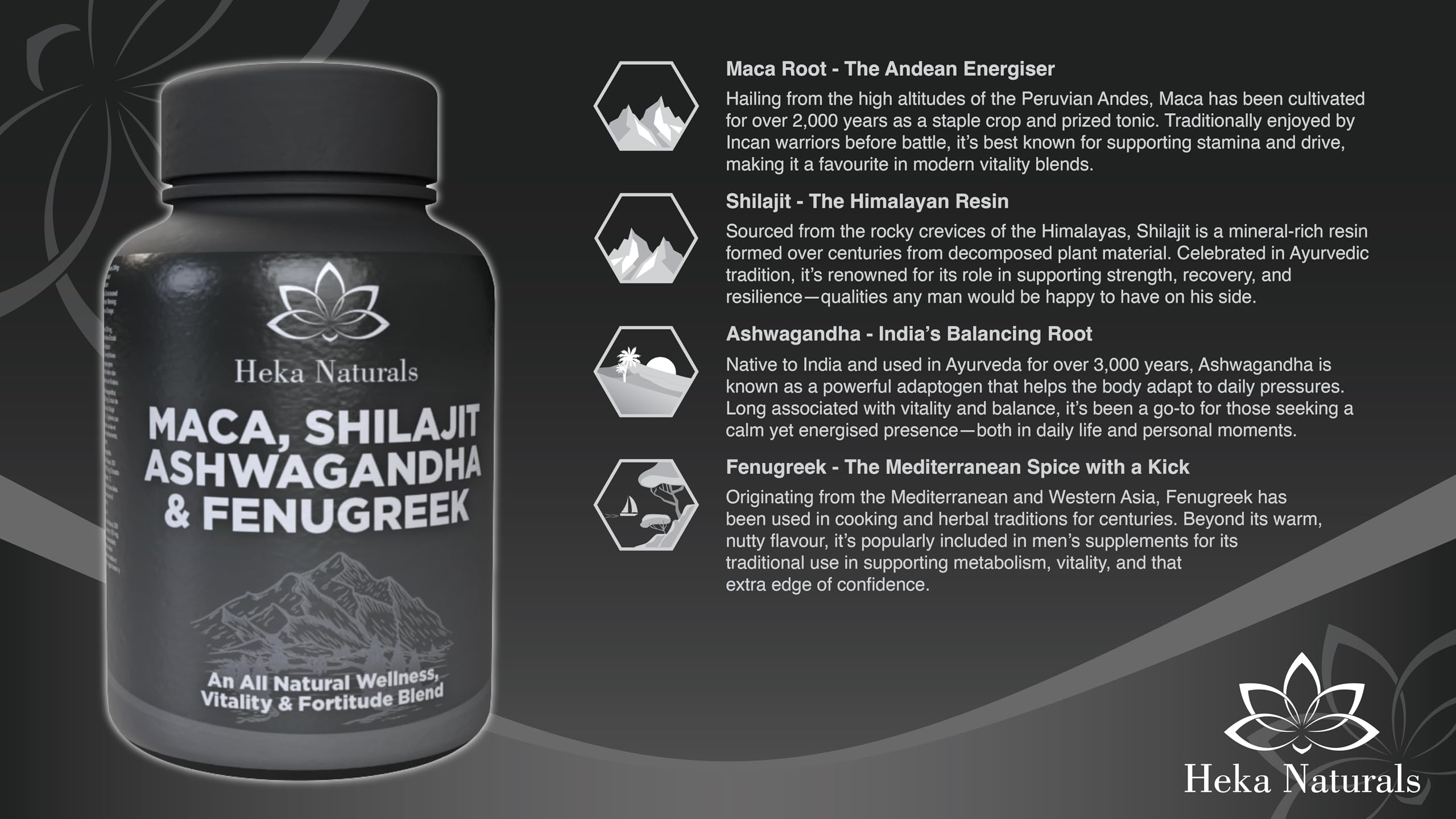 Heka Naturals Male Botanical Complex | 90 Capsules with Ashwagandha, Maca Root, Fenugreek & Shilajit | Traditional Plant-Based Ingredients for Active Lifestyles | Food Supplement Heka Naturals buy supplements Au