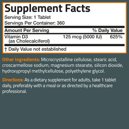 Bronson Vitamin D3 5000iu (125mcg) Healthy Muscle Function and Immune Support, Non-GMO, 360 Tablets