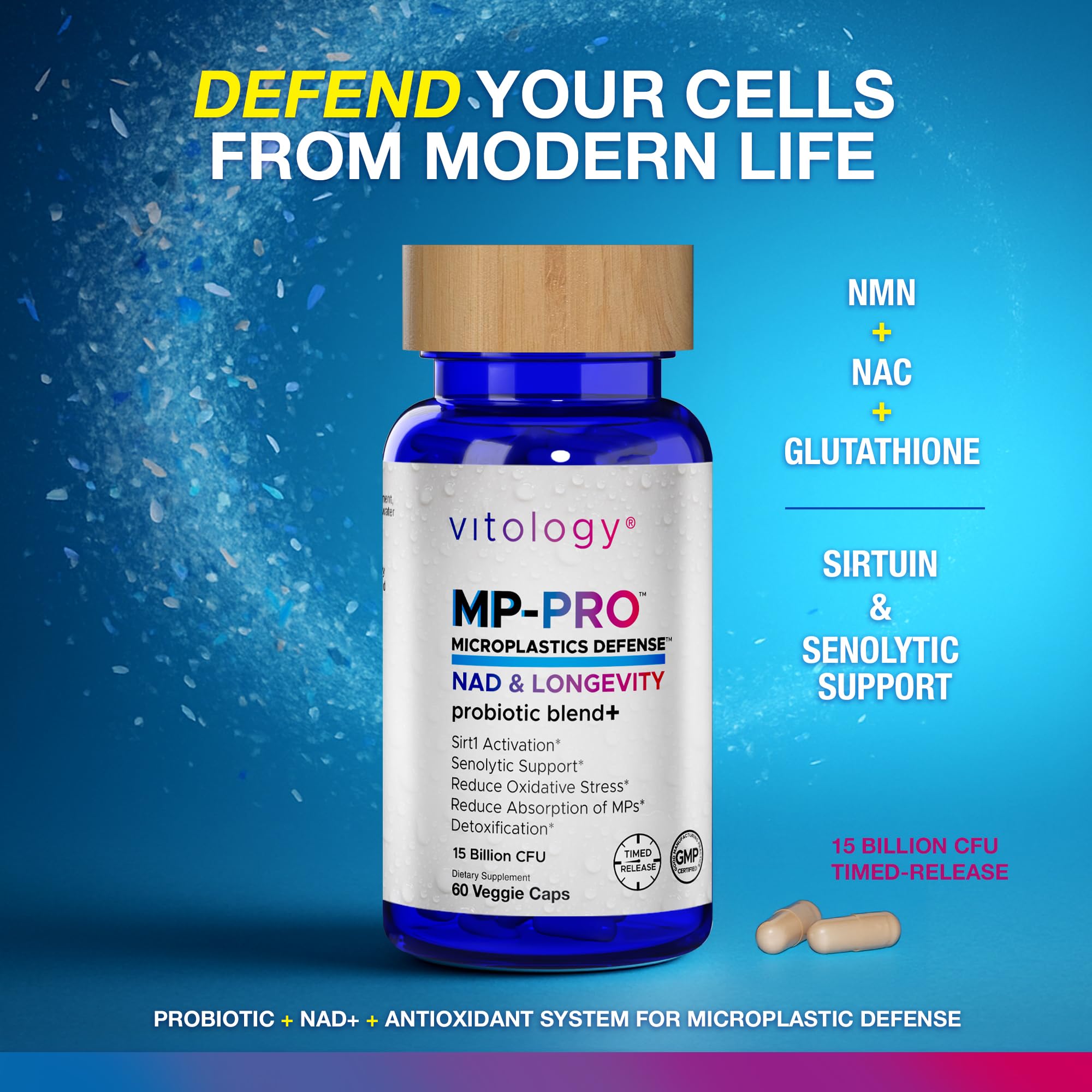 Vitology MP-PRO Microplastics Defense | 15 Billion CFU Probiotic + Antioxidant Blend | NMN, NAC, Glutathione, Resveratrol & Charcoal | Supports Cellular Detox, Longevity & Gut Health – 60 Capsules Vitology buy supplements Au